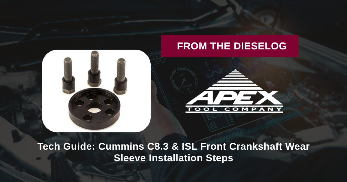 Step-by-step close up layout of front wear sleeve installer tool mounted on a Cummins C8.3 crankshaft snout